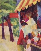 August Macke Vor dem Hutladen (Frau mit roter Jacke und Kind) oil on canvas